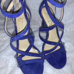 Strappy velvet violet blue heels